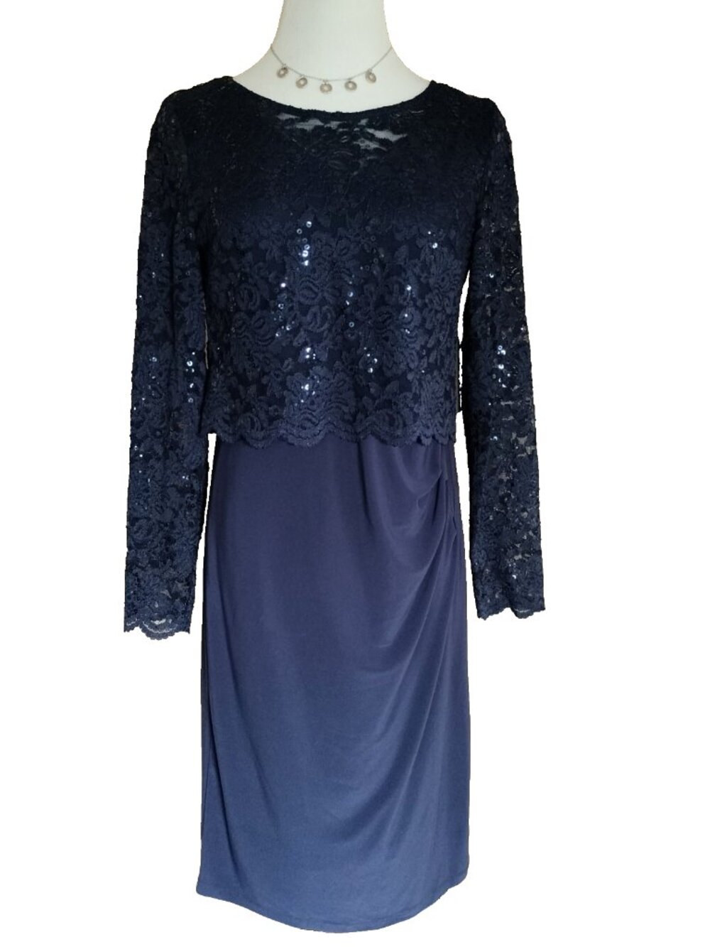 Onyx Nite Lace Topper Cocktail Dress 8 Navy Long Sleeve Knit Lined Knee Length